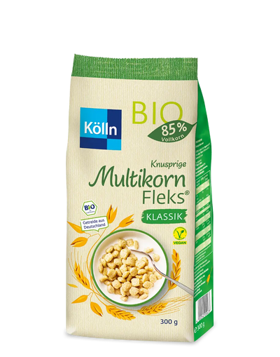 Die grün-beige Verpackung des Kölln Knusprige Multikorn Fleks von koelln enthält Bio-Getreide mit 85 % Vollkornanteil, wiegt 300 g und zeigt ein Müsli in einer Schale. Dieses vegane Produkt wird aus Getreide aus Deutschland hergestellt.