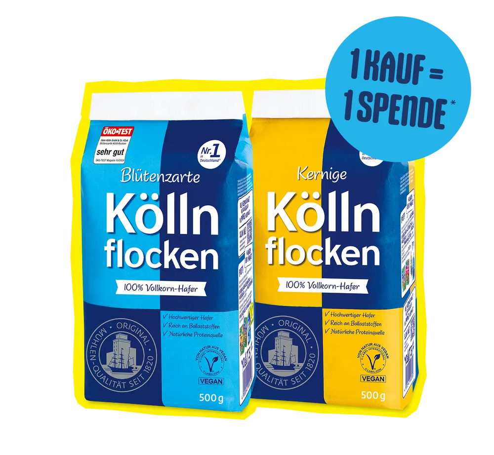 Die Verpackung von Köllnflocken mit einer blauen Badge, in der die Aufschrift "1 Kauf = 1 Spende" steht